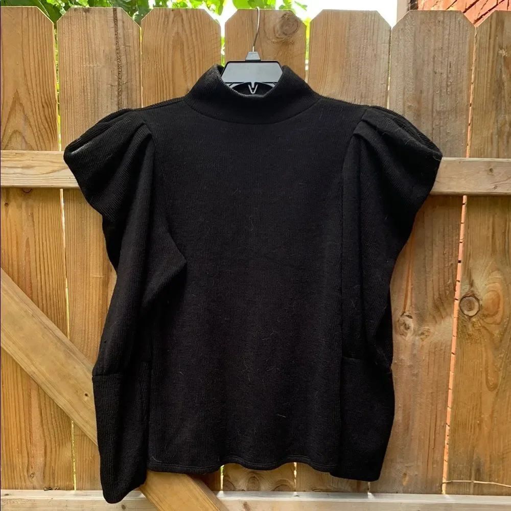 Express Black Boxy Ruffled Cap Sleeve Blouse